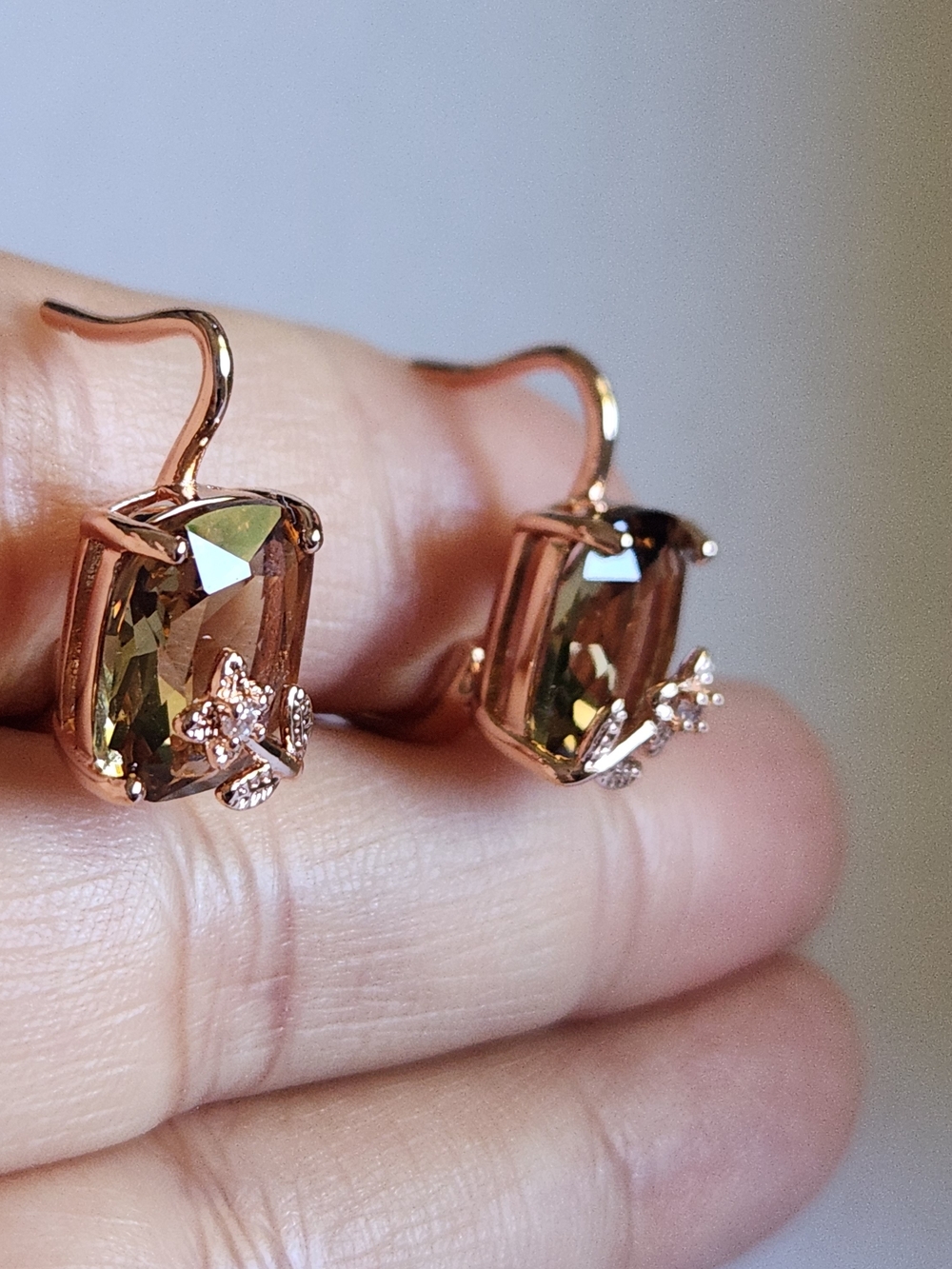 New 14K Gold Plated Emerald Cut Smoky Quartz Diamond Flower Hoop Earrings - Picture 6 of 7